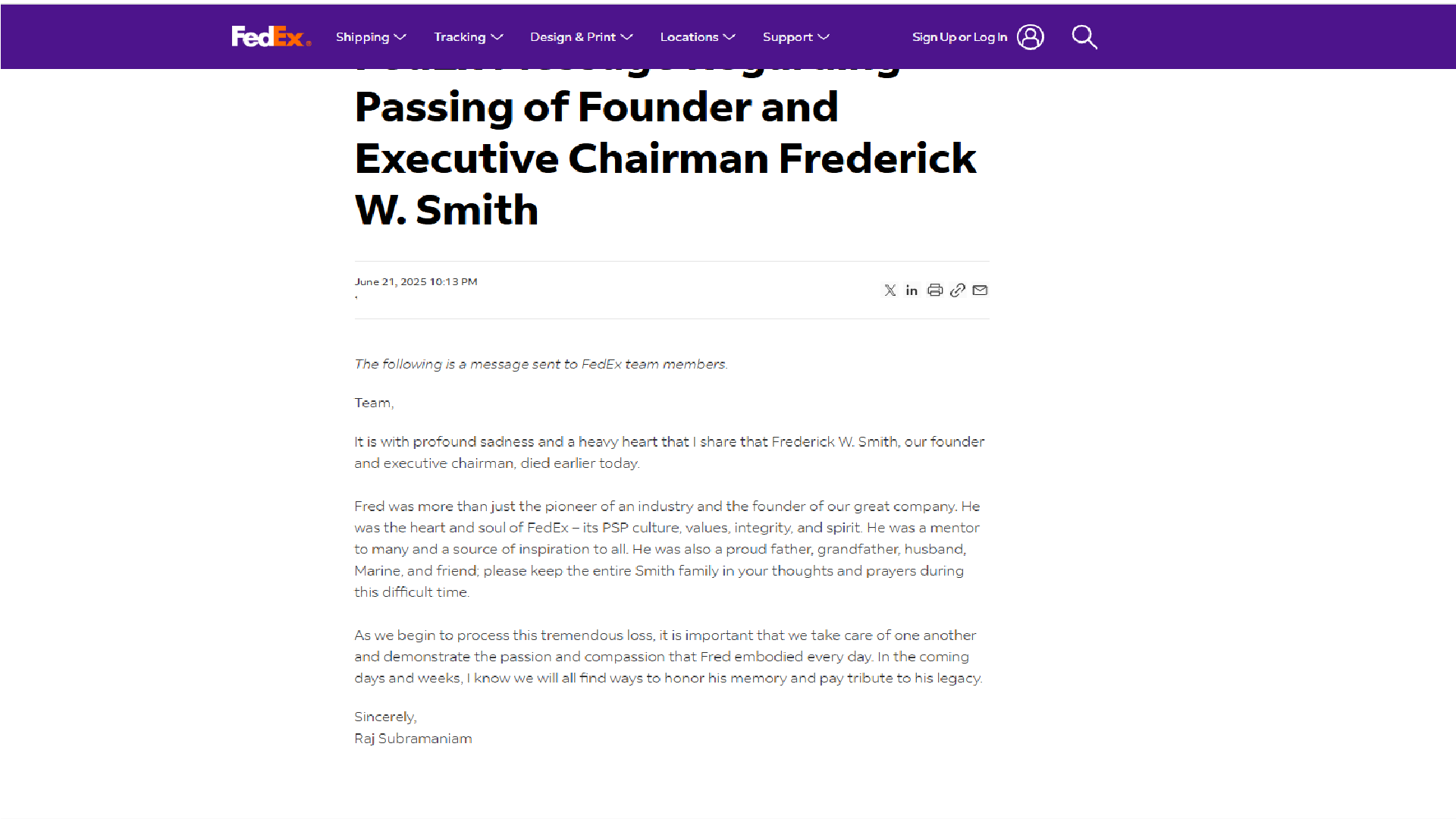 FedEx founder Death