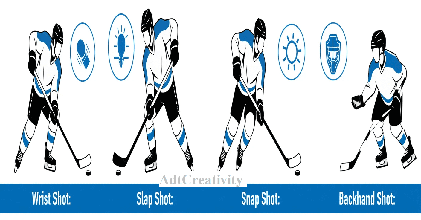 Can you help me distinguish between the different ice hockey shots? Like when a player would use each one and which ones are the hardest for netminders to stop.