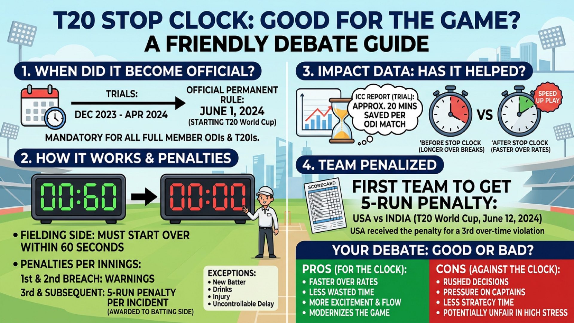 whether the T20 stop clock is actually good for the game. When did it become official and what are the exact penalties Is there data around how it's helped and have any teams been penalized for it