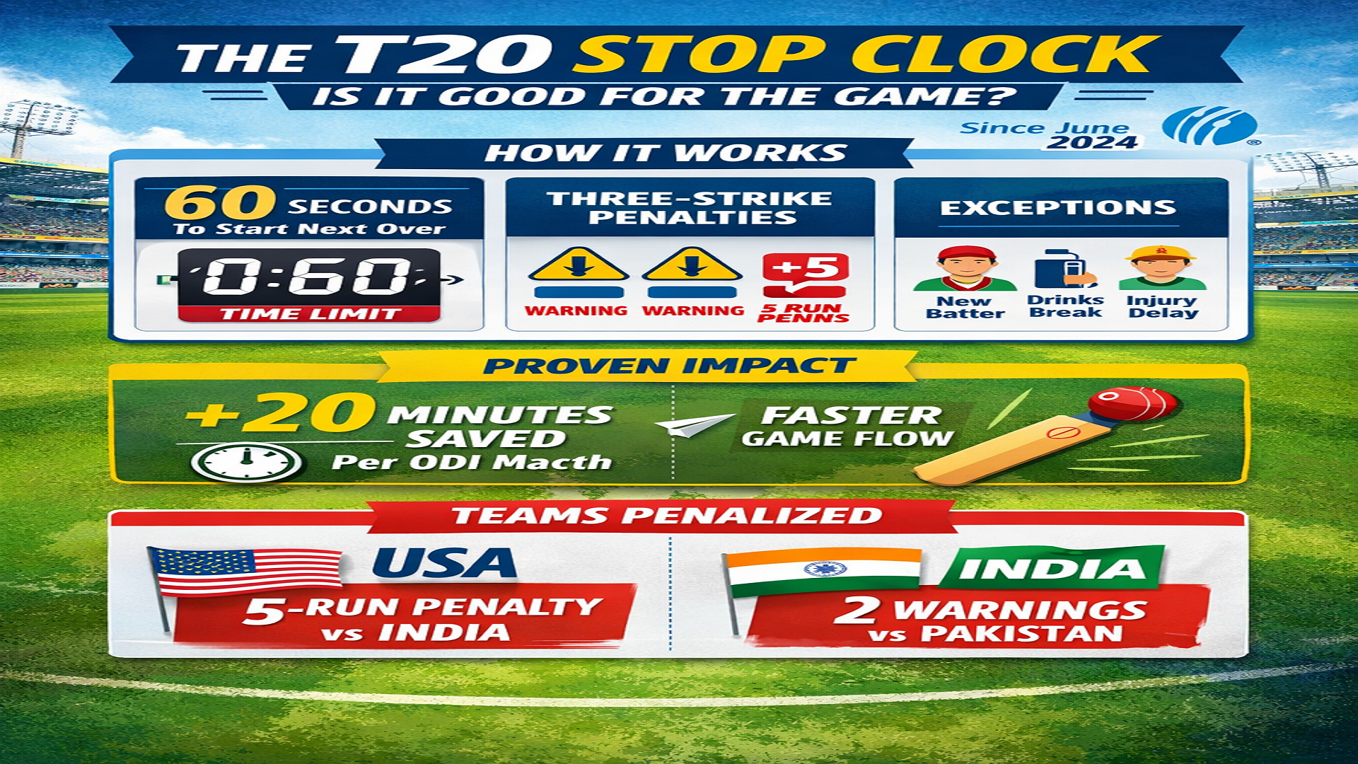 T20 stop clock is actually good for the game. When did it become official and what are the exact penalties? Is there data around how it's helped and have any teams been penalized for it?